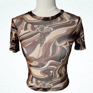 Brown Marble Swirl Sheer Mesh Fitted Top